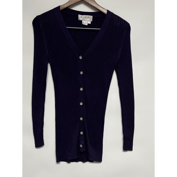 100% Silk Cardigan Sweater Small Womens Ribbed Long preppy Old Money Dark Purple - Picture 5 of 10